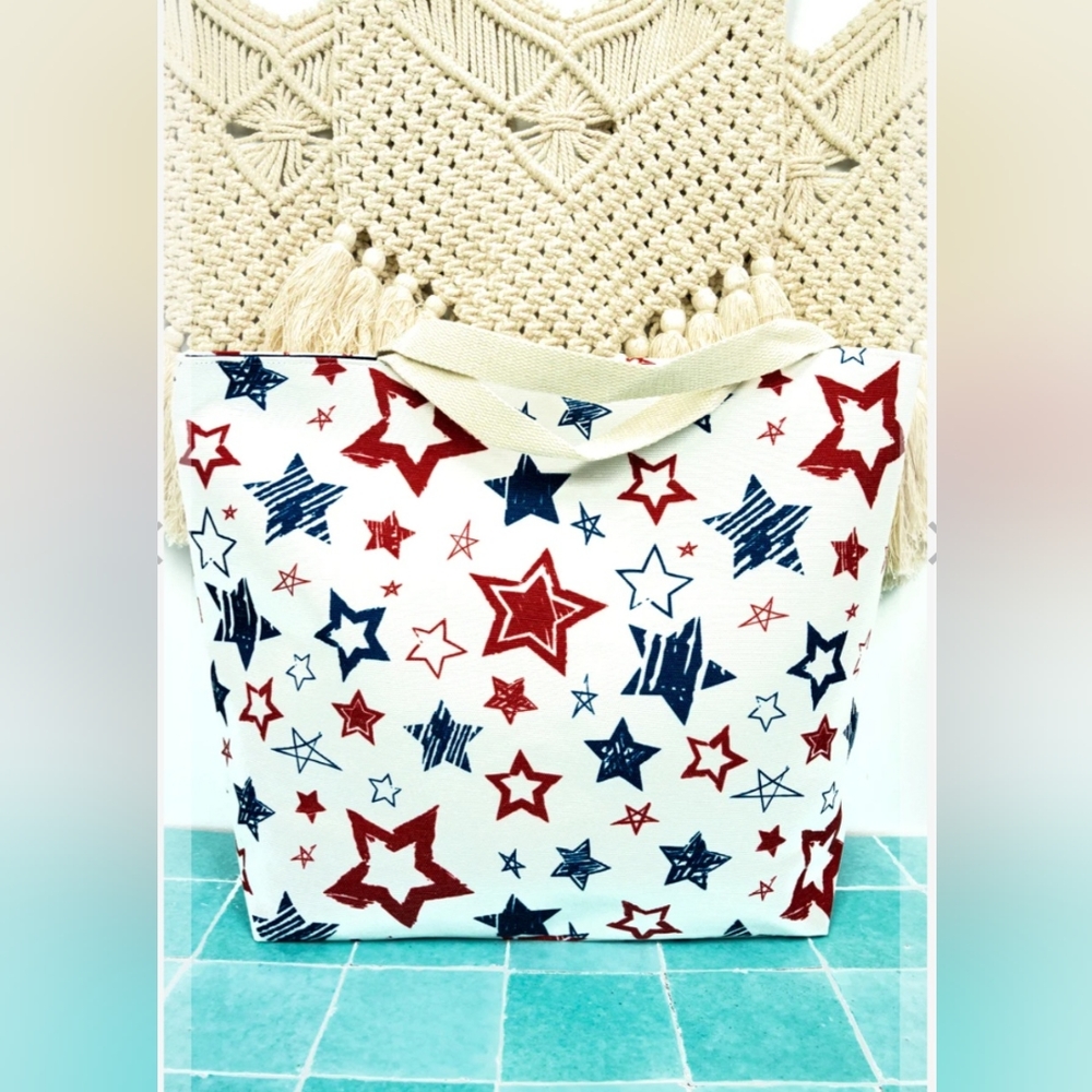 Red, White, and Blue Star Patterned Beach Tote Bag